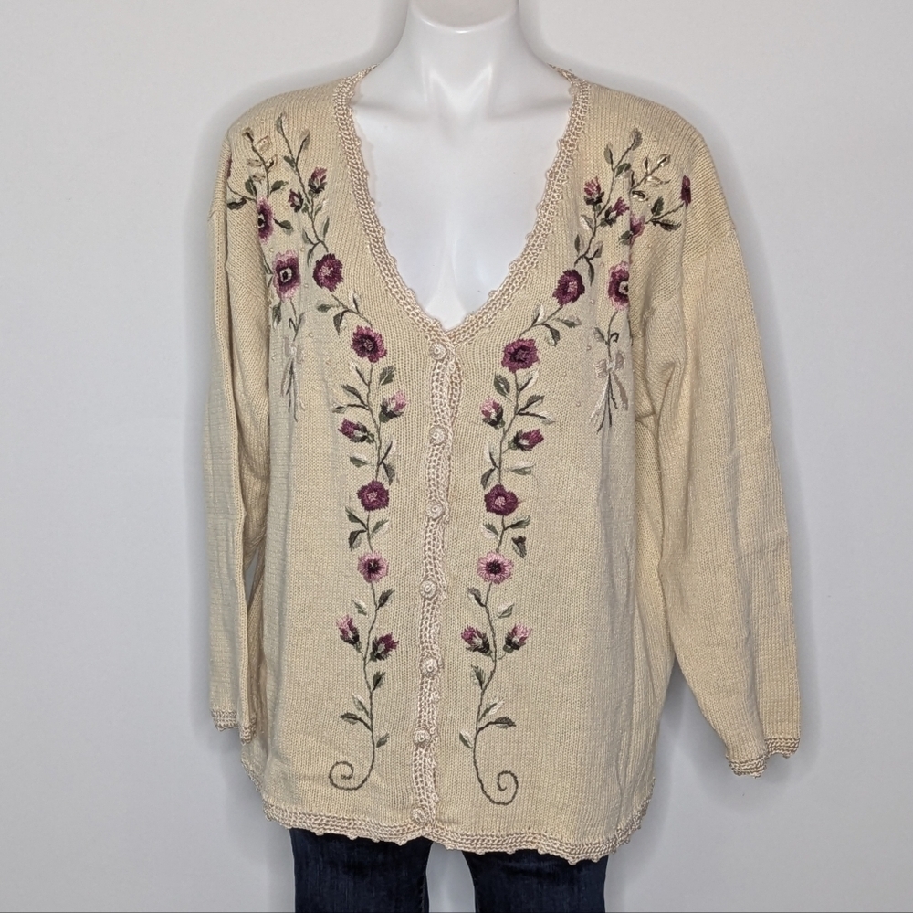 Vintage Erika II Tan Pink Floral Button Up Cardigan Sweater 1X